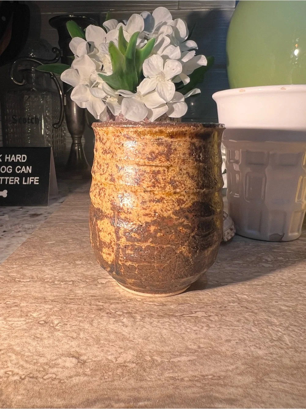 signed, Japanese Pottery w/ handpoured candle sm.